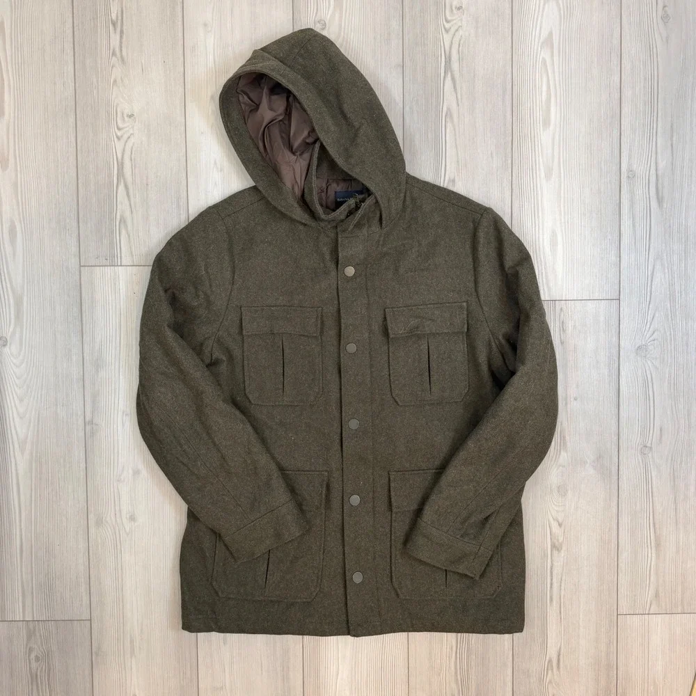 Banana Republic Mens Recycled Wool Blend Hooded Field Jacket Olive Green Large